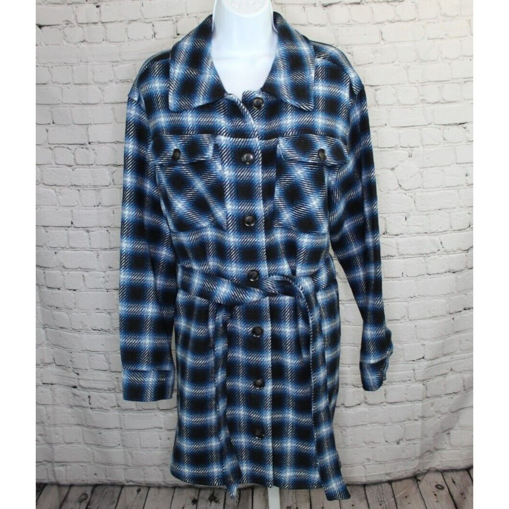 Time And Tru Button Up Heavy Weight Flannel With Tie Blue Black Size XL 16-18